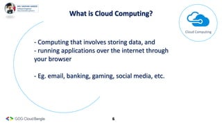 6
What is Cloud Computing?
Cloud Computing
- Computing that involves storing data, and
- running applications over the internet through
your browser
- Eg. email, banking, gaming, social media, etc.
 