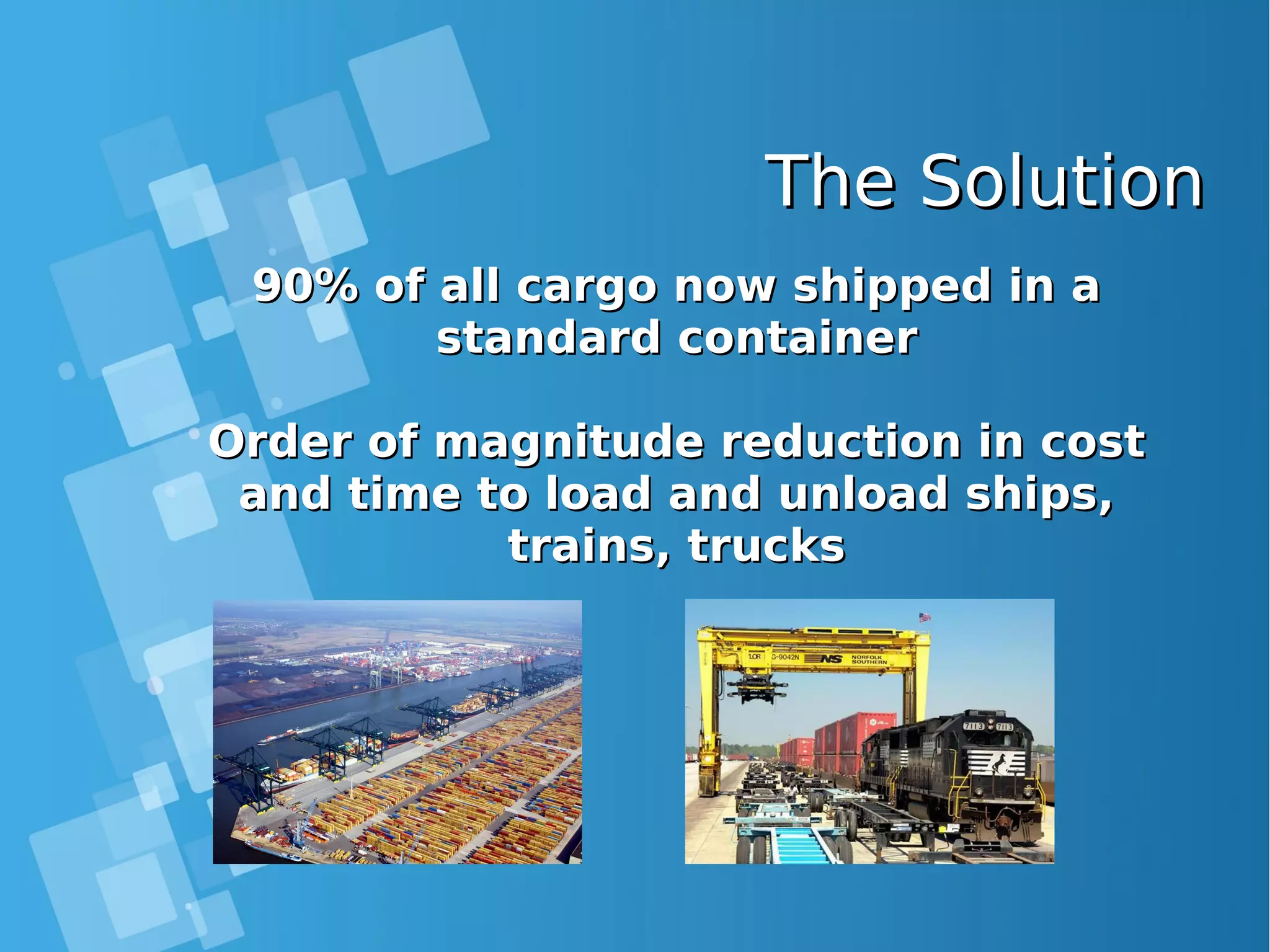 The SolutionThe Solution 90% of all cargo now shipped in a90% of all cargo now shipped in a standard containerstandard container Order of magnitude reduction in costOrder of magnitude reduction in cost and time to load and unload ships,and time to load and unload ships, trains, truckstrains, trucks 