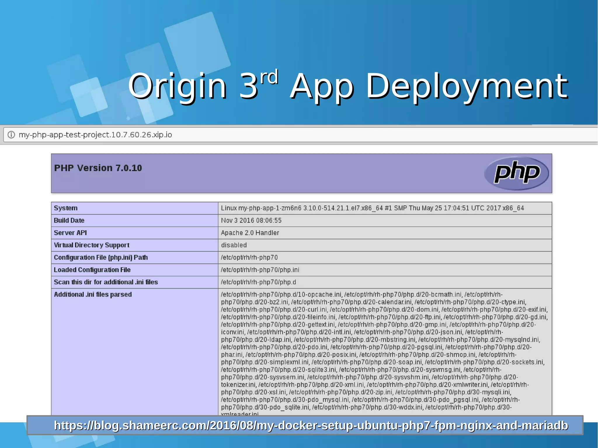 Origin 3Origin 3rdrd App DeploymentApp Deployment https://blog.shameerc.com/2016/08/my-docker-setup-ubuntu-php7-fpm-nginx-and-mariadbhttps://blog.shameerc.com/2016/08/my-docker-setup-ubuntu-php7-fpm-nginx-and-mariadb 