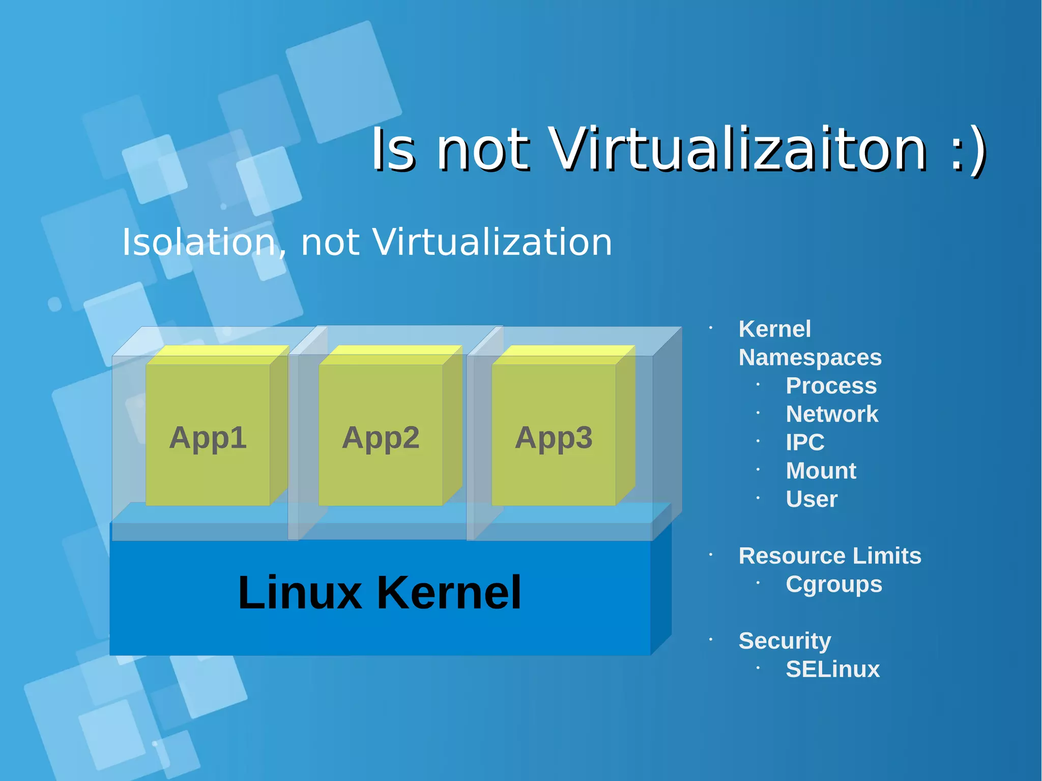 Is not Virtualizaiton :)Is not Virtualizaiton :) Linux Kernel App1 App2 App3 Isolation, not Virtualization • Kernel Namespaces • Process • Network • IPC • Mount • User • Resource Limits • Cgroups • Security • SELinux 