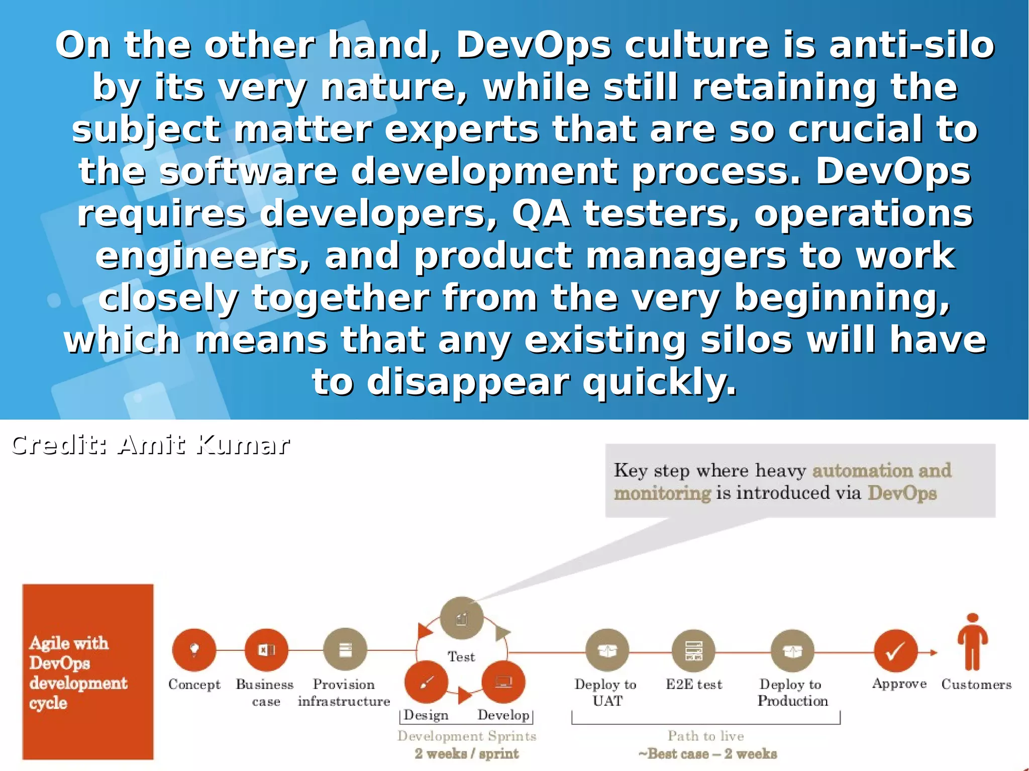 On the other hand, DevOps culture is anti-siloOn the other hand, DevOps culture is anti-silo by its very nature, while still retaining theby its very nature, while still retaining the subject matter experts that are so crucial tosubject matter experts that are so crucial to the software development process. DevOpsthe software development process. DevOps requires developers, QA testers, operationsrequires developers, QA testers, operations engineers, and product managers to workengineers, and product managers to work closely together from the very beginning,closely together from the very beginning, which means that any existing silos will havewhich means that any existing silos will have to disappear quickly.to disappear quickly. Credit: Amit KumarCredit: Amit Kumar 