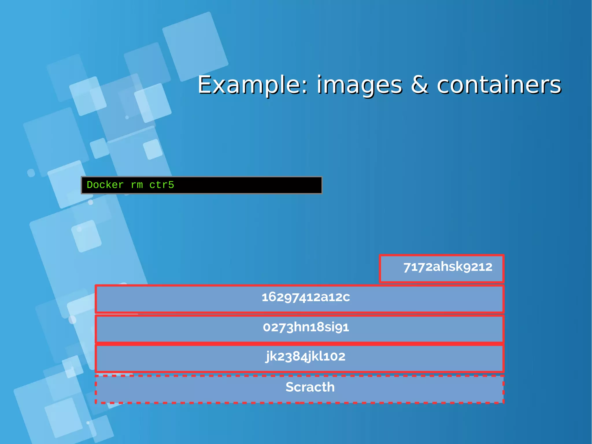 Example: images & containersExample: images & containers Scracth jk2384jkl102 0273hn18si91 16297412a12c Docker rm ctr5 7172ahsk9212 