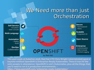 We Need more than justWe Need more than just
OrchestrationOrchestration
Self Service
-Templates
- Web Console
Multi-Language
Automation
- Deploy
- Build
DevOps
Collaboration
Secure
- Namespaced
- RBAC
Scalable
- Integrated LB
Open Source
Enterprise
- Authentication
- Web Console
- Central Logging
This past week at KubeCon 2016, Red Hat CTO Chris Wright (@kernelcdub) gave a
keynote entitled OpenShift is Enterprise-Ready Kubernetes. There it was for the
1200 people in attendance: OpenShift is 100% Kubernetes, plus all the things that
you’ll need to run it in production environments. -
https://blog.openshift.com/enterprise-ready-kubernetes/
 