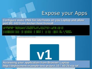 Expose your AppsExpose your Apps
Configure static DNS file /etc/hosts on you Laptop and allowConfigure static DNS file /etc/hosts on you Laptop and allow
port 80, 443 from docker-host firewallport 80, 443 from docker-host firewall
root@nobody:/media/yusuf/OS/KSEI# cat /etc/hosts | grep xip.io
10.7.60.26 deployment-example-test-project.10.7.60.26.xip.io
[root@docker-host ~]# iptables -I INPUT 1 -p tcp --dport 80 -j ACCEPT
[root@docker-host ~]# iptables -I INPUT 1 -p tcp --dport 443 -j ACCEPT
Accessing your application from Browser LaptopAccessing your application from Browser Laptop
http://deployment-example-test-project.10.7.60.26.xip.io/http://deployment-example-test-project.10.7.60.26.xip.io/
 