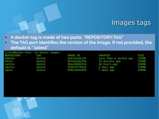 Images tagsImages tags
● A docker tag is made of two parts: “REPOSITORY:TAG”
● The TAG part identifies the version of the image. If not provided, the
default is “:latest”
[root@docker-host ~]# docker images
REPOSITORY TAG IMAGE ID CREATED SIZE
debian latest a25c1eed1c6f Less than a second ago 123MB
hello latest 52442a43a78b 13 minutes ago 123MB
centos latest 3bee3060bfc8 46 hours ago 193MB
ubuntu latest 7b9b13f7b9c0 5 days ago 118MB
nginx latest 958a7ae9e569 7 days ago 109MB
 