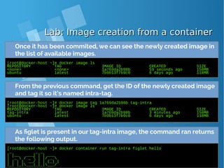 Lab: Image creation from a containerLab: Image creation from a container
Once it has been commited, we can see the newly created image in
the list of available images.
[root@docker-host ~]# docker image ls
REPOSITORY TAG IMAGE ID CREATED SIZE
<none> <none> 1a769da2b98b 59 seconds ago 158MB
ubuntu latest 7b9b13f7b9c0 6 days ago 118MB
From the previous command, get the ID of the newly created image
and tag it so it’s named intra-tag.
[root@docker-host ~]# docker image tag 1a769da2b98b tag-intra
[root@docker-host ~]# docker image ls
REPOSITORY TAG IMAGE ID CREATED SIZE
tag-intra latest 1a769da2b98b 3 minutes ago 158MB
ubuntu latest 7b9b13f7b9c0 6 days ago 118MB
As figlet is present in our tag-intra image, the command ran returns
the following output.
[root@docker-host ~]# docker container run tag-intra figlet hello
_ _ _
| |__ ___| | | ___
| '_  / _  | |/ _ 
| | | | __/ | | (_) |
|_| |_|___|_|_|___/
 