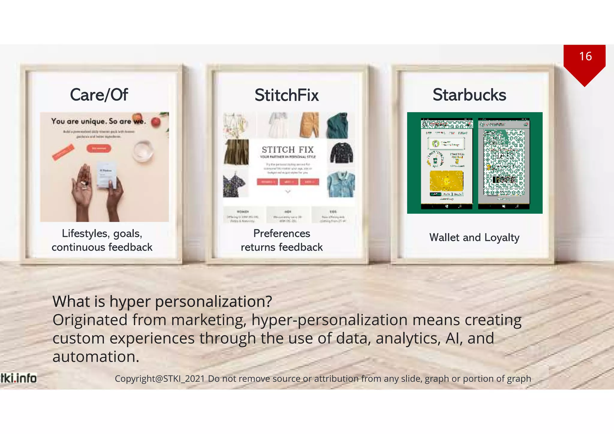 16
Copyright@STKI_2021 Do not remove source or attribution from any slide, graph or portion of graph
Care/Of StitchFix Starbucks
Wallet and Loyalty
Preferences
returns feedback
Lifestyles, goals,
continuous feedback
What is hyper personalization?
Originated from marketing, hyper-personalization means creating
custom experiences through the use of data, analytics, AI, and
automation.
Copyright@STKI_2021 Do not remove source or attribution from any slide, graph or portion of graph
16
 