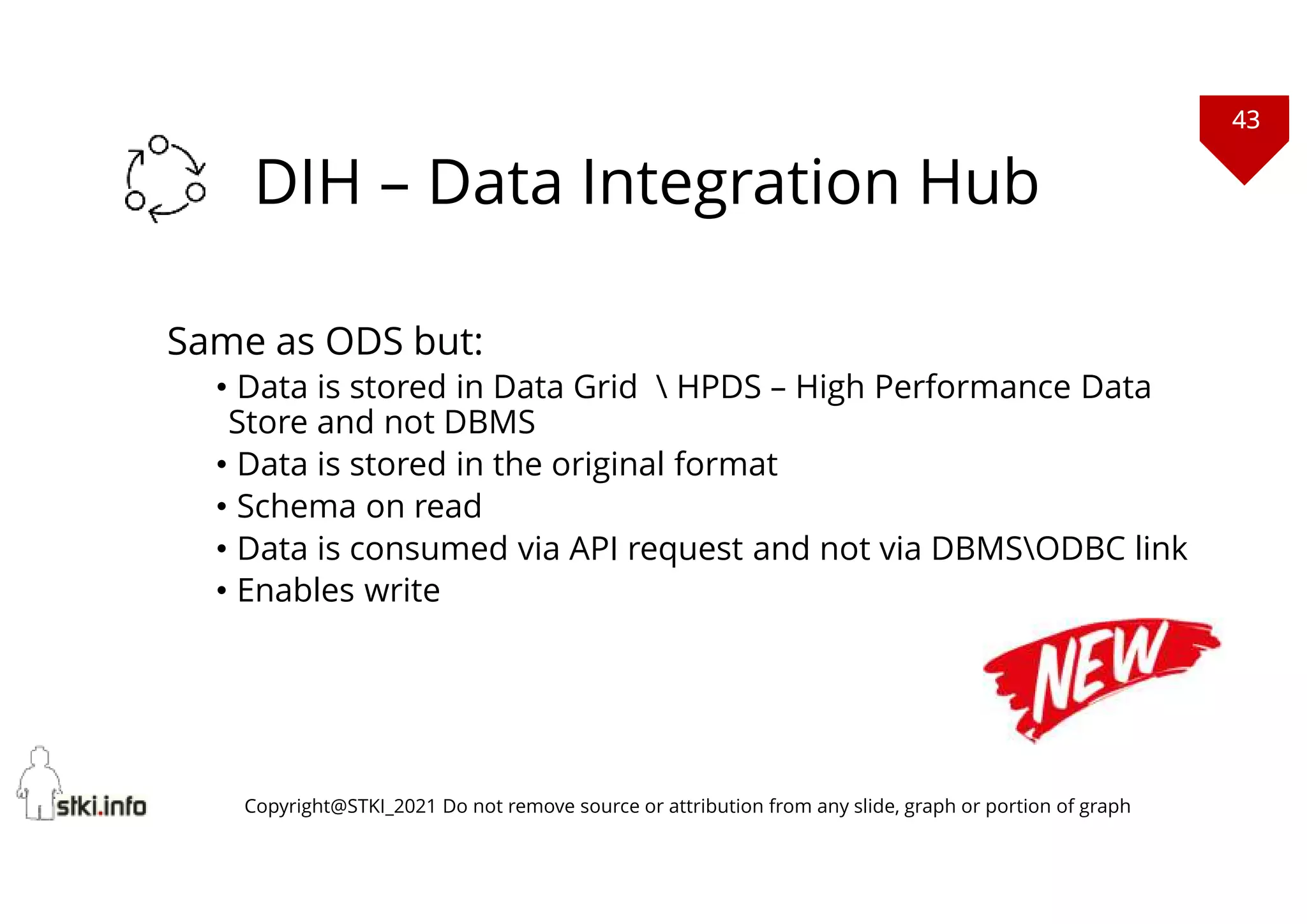 43
Copyright@STKI_2021 Do not remove source or attribution from any slide, graph or portion of graph
DIH – Data Integration Hub
Same as ODS but:
• Data is stored in Data Grid  HPDS – High Performance Data
Store and not DBMS
• Data is stored in the original format
• Schema on read
• Data is consumed via API request and not via DBMSODBC link
• Enables write
 