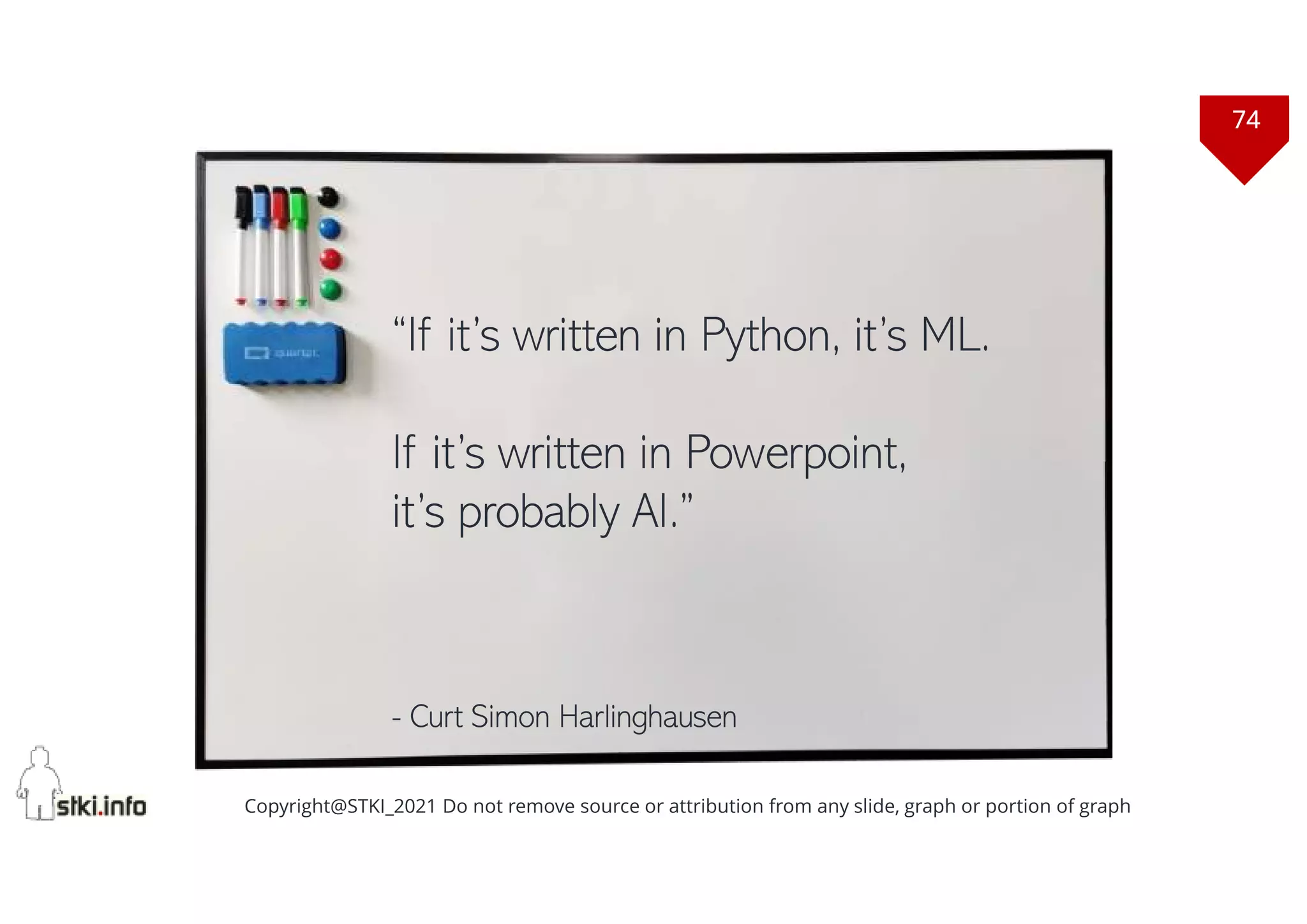 74
Copyright@STKI_2021 Do not remove source or attribution from any slide, graph or portion of graph
“If it’s written in Python, it’s ML.
If it’s written in Powerpoint,
it’s probably AI.”
- Curt Simon Harlinghausen
 