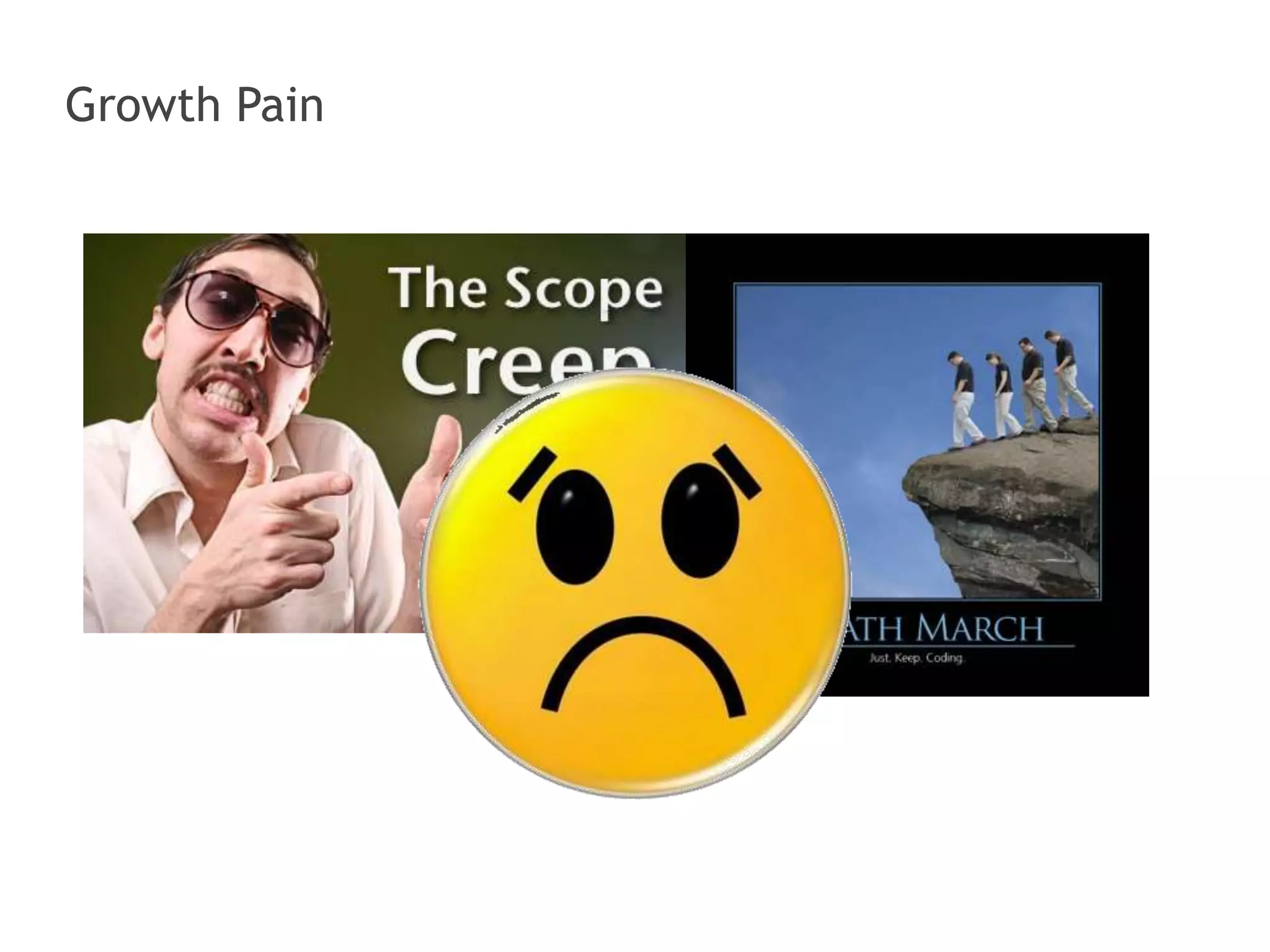 Annual major releases
Projects (a lot of)
Variable scope and schedule
Growth Pain
 