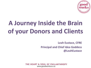 A Journey Inside the Brain
of your Donors and Clients
                         Leah Eustace, CFRE
           Principal and Chief Idea Goddess
                             @LeahEustace
 
