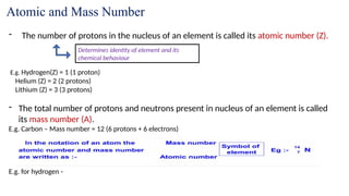 Atomic and Mass Number
- The number of protons in the nucleus of an element is called its atomic number (Z).
E.g. Hydrogen(Z) = 1 (1 proton)
Helium (Z) = 2 (2 protons)
Lithium (Z) = 3 (3 protons)
- The total number of protons and neutrons present in nucleus of an element is called
its mass number (A).
E.g. Carbon – Mass number = 12 (6 protons + 6 electrons)
E.g. for hydrogen -
Determines identity of element and its
chemical behaviour
 
