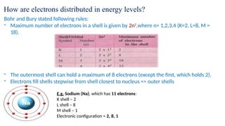 How are electrons distributed in energy levels?
Bohr and Bury stated following rules:
- Maximum number of electrons in a shell is given by 2n2
,where n= 1,2,3,4 (K=2, L=8, M =
18).
- The outermost shell can hold a maximum of 8 electrons (except the first, which holds 2).
- Electrons fill shells stepwise from shell closest to nucleus => outer shells
E.g. Sodium (Na), which has 11 electrons:
K shell – 2
L shell – 8
M shell – 1
Electronic configuration = 2, 8, 1
 