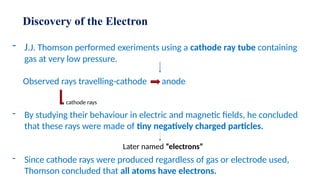 Discovery of the Electron
- J.J. Thomson performed exeriments using a cathode ray tube containing
gas at very low pressure.
Observed rays travelling-cathode anode
- By studying their behaviour in electric and magnetic fields, he concluded
that these rays were made of tiny negatively charged particles.
- Since cathode rays were produced regardless of gas or electrode used,
Thomson concluded that all atoms have electrons.
cathode rays
Later named “electrons”
 