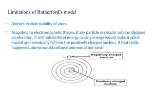 Limitations of Rutherford’s model
- Doesn’t explain stability of atom.
- According to electromagnetic theory, if any particle in circular orbit undergoes
acceleration, it will radiate(lose) energy. Losing energy would make it spiral
inward and eventually fall into the positively charged nucleus. If that really
happened, atoms would collapse and would not exist!
 