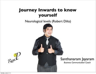 Neurological levels (Robert Dilts)
Journey Inwards to know
yourself
Santhanaram Jayaram
Business Communication Coach
Sunday, June 2, 13
 