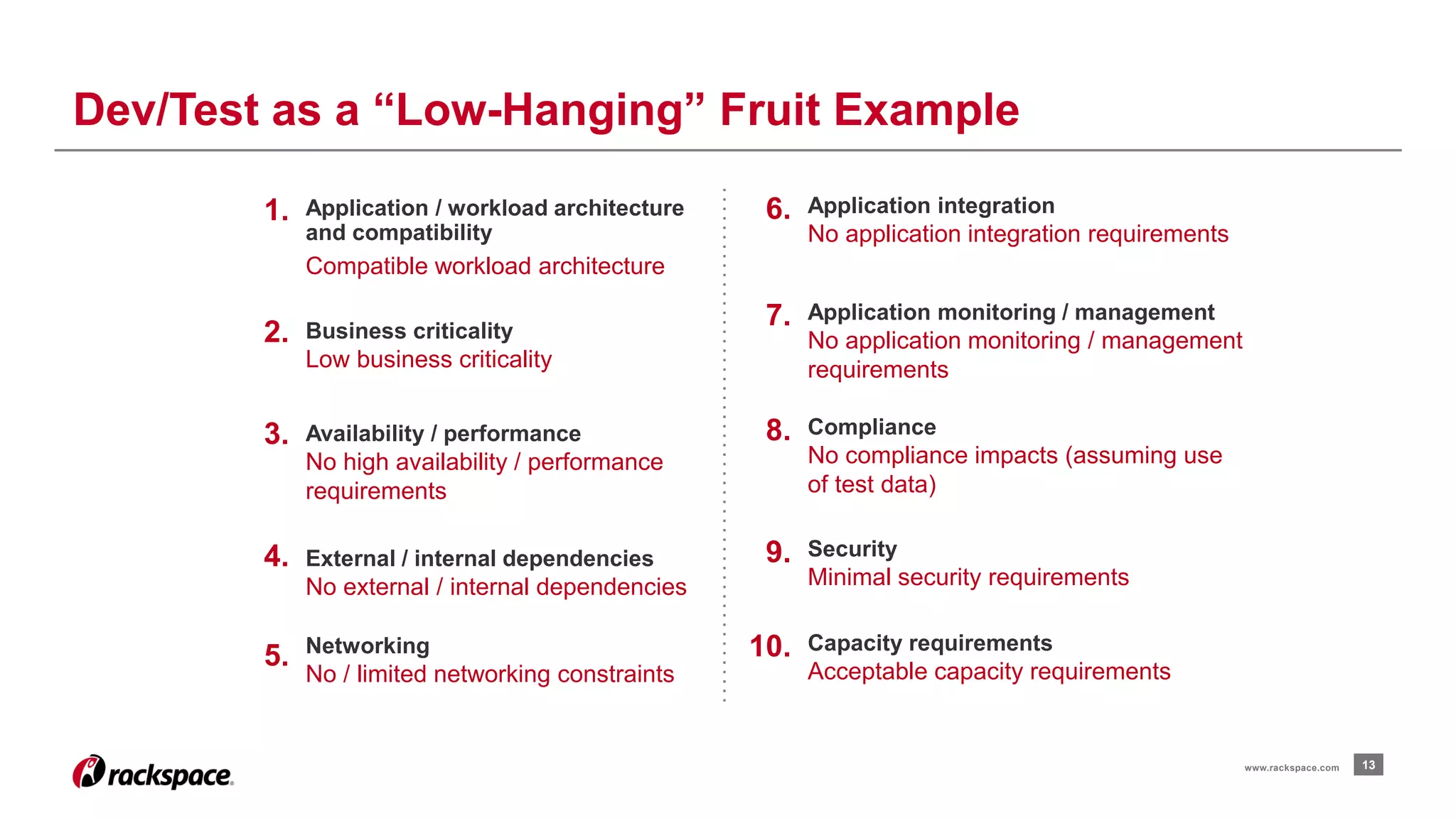 Dev/Test as a “Low-Hanging” Fruit Example 
www.rackspace.com 13 
1. Application / workload architecture 
and compatibility 
Compatible workload architecture 
2. Business criticality 
Low business criticality 
3. Availability / performance 
No high availability / performance 
requirements 
4. External / internal dependencies 
No external / internal dependencies 
5. Networking 
No / limited networking constraints 
6. Application integration 
No application integration requirements 
7. Application monitoring / management 
No application monitoring / management 
requirements 
8. Compliance 
No compliance impacts (assuming use 
of test data) 
9. Security 
Minimal security requirements 
10. Capacity requirements 
Acceptable capacity requirements 
 