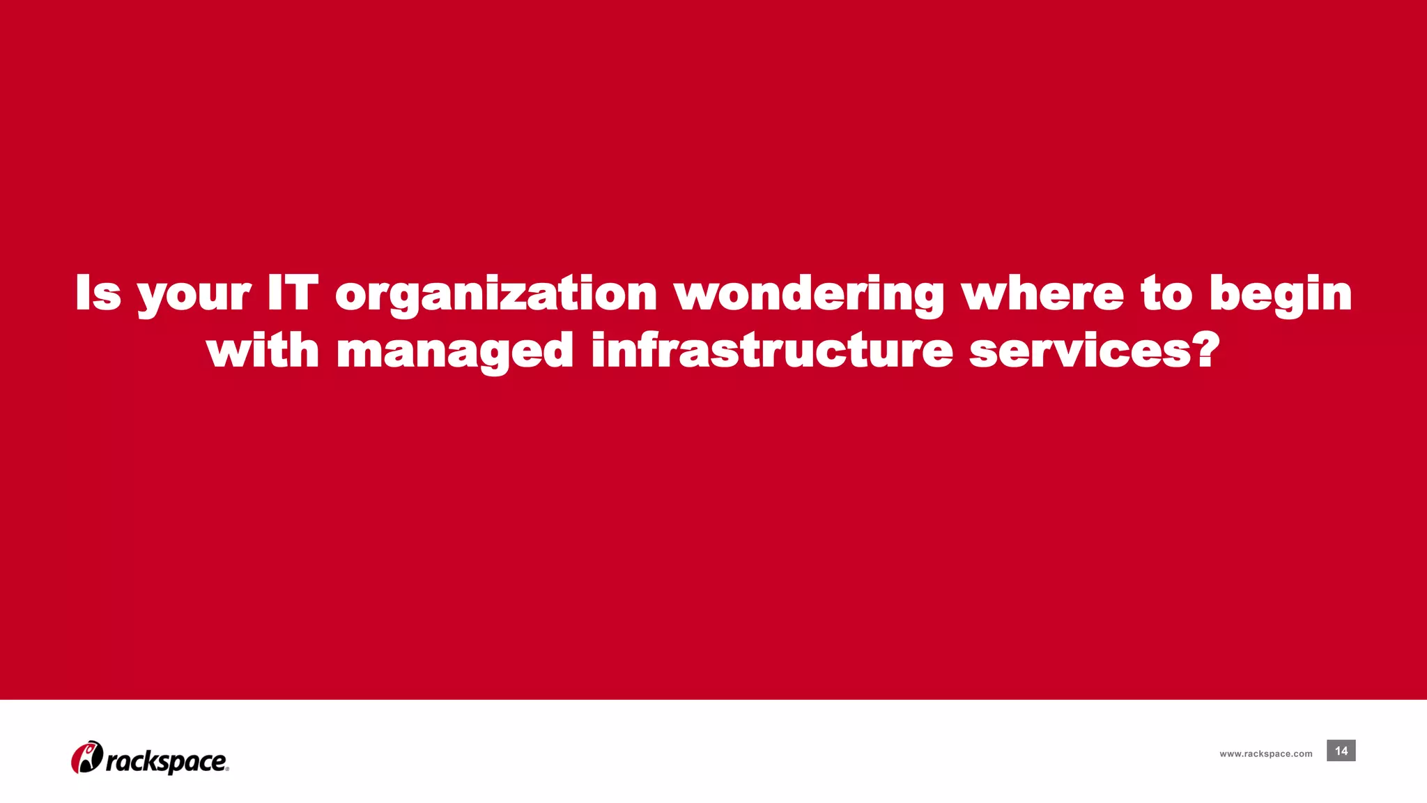 Is your IT organization wondering where to begin 
with managed infrastructure services? 
www.rackspace.com 14 
 