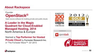 www.rackspace.com 17 
About Rackspace 
Founder 
OpenStack® 
Open source software for building private and public clouds 
A Leader in the Magic 
Quadrant for Cloud-Enabled 
Managed Hosting, 2014 
North America & Europe 
Named a Top Performer for Hosted 
Private Cloud by Forrester Research Inc. 
in “The Forrester Wave™: Q1 2013 
 