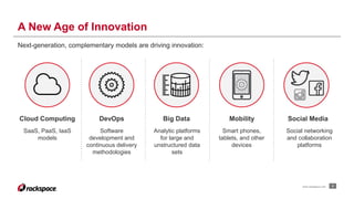 A New Age of Innovation 
www.rackspace.com 2 
Cloud Computing 
SaaS, PaaS, IaaS 
models 
DevOps 
Software 
development and 
continuous delivery 
methodologies 
Big Data 
Analytic platforms 
for large and 
unstructured data 
sets 
Mobility 
Smart phones, 
tablets, and other 
devices 
Social Media 
Social networking 
and collaboration 
platforms 
Next-generation, complementary models are driving innovation: 
 