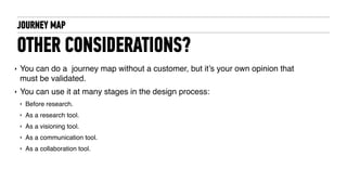 JOURNEY MAP
OTHER CONSIDERATIONS?
‣ You can do a journey map without a customer, but it’s your own opinion that
must be validated.
‣ You can use it at many stages in the design process:
‣ Before research.
‣ As a research tool.
‣ As a visioning tool.
‣ As a communication tool.
‣ As a collaboration tool.
 