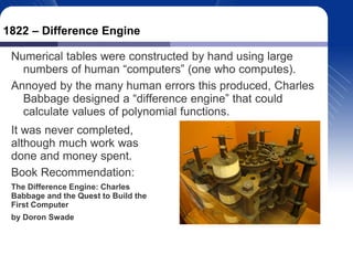 1822 – Difference Engine

 Numerical tables were constructed by hand using large
   numbers of human “computers” (one who ...