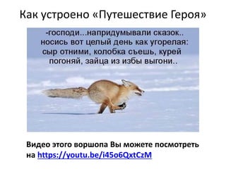 Как устроено «Путешествие Героя»
Видео этого воршопа Вы можете посмотреть
на https://youtu.be/i45o6QxtCzM
 