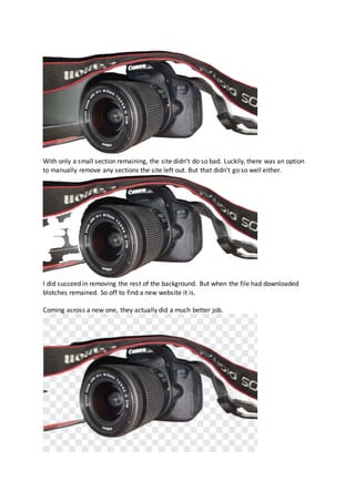 With only a small section remaining, the site didn’t do so bad. Luckily, there was an option
to manually remove any sections the site left out. But that didn’t go so well either.
I did succeed in removing the rest of the background. But when the file had downloaded
blotches remained. So off to find a new website it is.
Coming across a new one, they actually did a much better job.
 