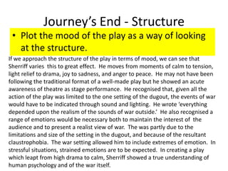 Journey’s End - Structure
 • Plot the mood of the play as a way of looking
   at the structure.
If we approach the structure of the play in terms of mood, we can see that
Sherriff varies this to great effect. He moves from moments of calm to tension,
light relief to drama, joy to sadness, and anger to peace. He may not have been
following the traditional format of a well-made play but he showed an acute
awareness of theatre as stage performance. He recognised that, given all the
action of the play was limited to the one setting of the dugout, the events of war
would have to be indicated through sound and lighting. He wrote ‘everything
depended upon the realism of the sounds of war outside.’ He also recognised a
range of emotions would be necessary both to maintain the interest of the
audience and to present a realist view of war. The was partly due to the
limitations and size of the setting in the dugout, and because of the resultant
claustrophobia. The war setting allowed him to include extremes of emotion. In
stressful situations, strained emotions are to be expected. In creating a play
which leapt from high drama to calm, Sherriff showed a true understanding of
human psychology and of the war itself.
 
