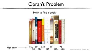 Journey’s End, JavaOne, October 2015
Oprah’s Problem
How to ﬁnd a book?
336
640
144
624
Page count 239
640
384
1104
172
400
 