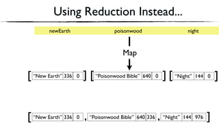 Using Reduction Instead...
“New Earth” 336 0 “Poisonwood Bible” 640 336[ , “Night” 144 976, ]
]“New Earth” 336 0 “Poisonwood Bible” 640 0[ ] ]“Night” 144 0 ][[
newEarth poisonwood night
Map
 