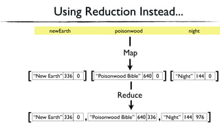Using Reduction Instead...
“New Earth” 336 0 “Poisonwood Bible” 640 336[ , “Night” 144 976, ]
]“New Earth” 336 0 “Poisonwood Bible” 640 0[ ] ]“Night” 144 0 ][[
newEarth poisonwood night
Reduce
Map
 