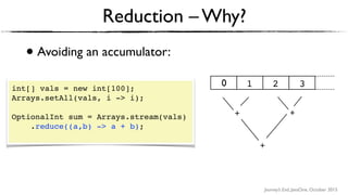 Journey’s End, JavaOne, October 2015
• Avoiding an accumulator:
Reduction – Why?
int[] vals = new int[100];
Arrays.setAll(vals, i -> i);
OptionalInt sum = Arrays.stream(vals)
.reduce((a,b) -> a + b); 
+ +
+
1 2 30
 