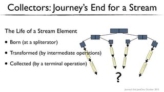 Journey’s End, JavaOne, October 2015
Collectors: Journey’s End for a Stream
?
The Life of a Stream Element
• Born (at a spliterator)
• Transformed (by intermediate operations)
• Collected (by a terminal operation)
 