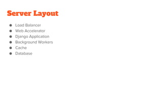 Server Layout
● Load Balancer
● Web Accelerator
● Django Application
● Background Workers
● Cache
● Database
 