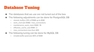 Database Tuning
● The databases that we use are not tuned out of the box
● The following adjustments can be done for PostgreSQL DB
○ shared_buffers 25% of RAM up to 8GB
○ work_mem (2x RAM) / max_connections
○ maintenance_work_mem RAM / 16
○ effective_cache_size RAM / 2
○ max_connections less than 400
● The following tuning can be done for MySQL DB
○ innodb-buffer-pool-size 80% of RAM
 