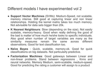 ● Support Vector Machines (SVMs): Medium-Speed, not scalable,
memory intense. Still good at capturing linear and non linear
relationships. Holding the kernel matrix takes too much memory.
Not advisable for data sets bigger than 20k.
● K Nearest Neighbours: Slow (depending on the size), Not easily
scalable, memory-heavy. Good when really defining the good of
the bad is matter of how much he/she looks to specific individuals.
Also good when number of target variables are many as the
similarity measures remain the same across different
observations. Good for text classification too.
● Naïve Bayes : Quick, scalable, memory-ok. Good for quick
classifications on big datasets. Not particularly predictive.
● Factorization Machines: Good gateways between Linear and
non-linear problems. Stand between regressions , Knns and
neural networks. Memory Medium, semi-scalable, medium-speed.
Good for predicting the rating a customer will assign to a pruduct
Different models I have experimented vol 2
 