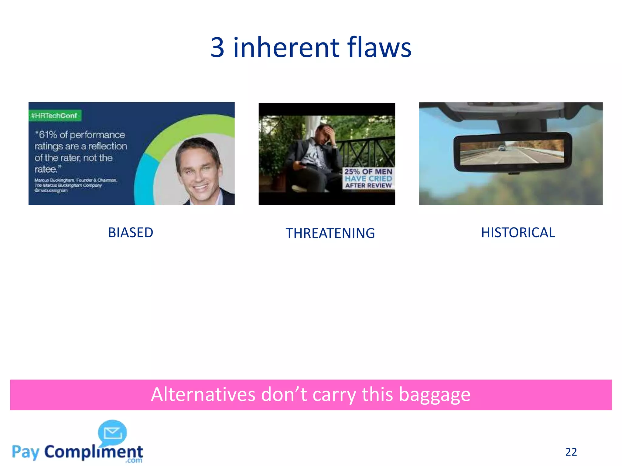 3 inherent flaws
22
Alternatives don’t carry this baggage
BIASED THREATENING HISTORICAL
 