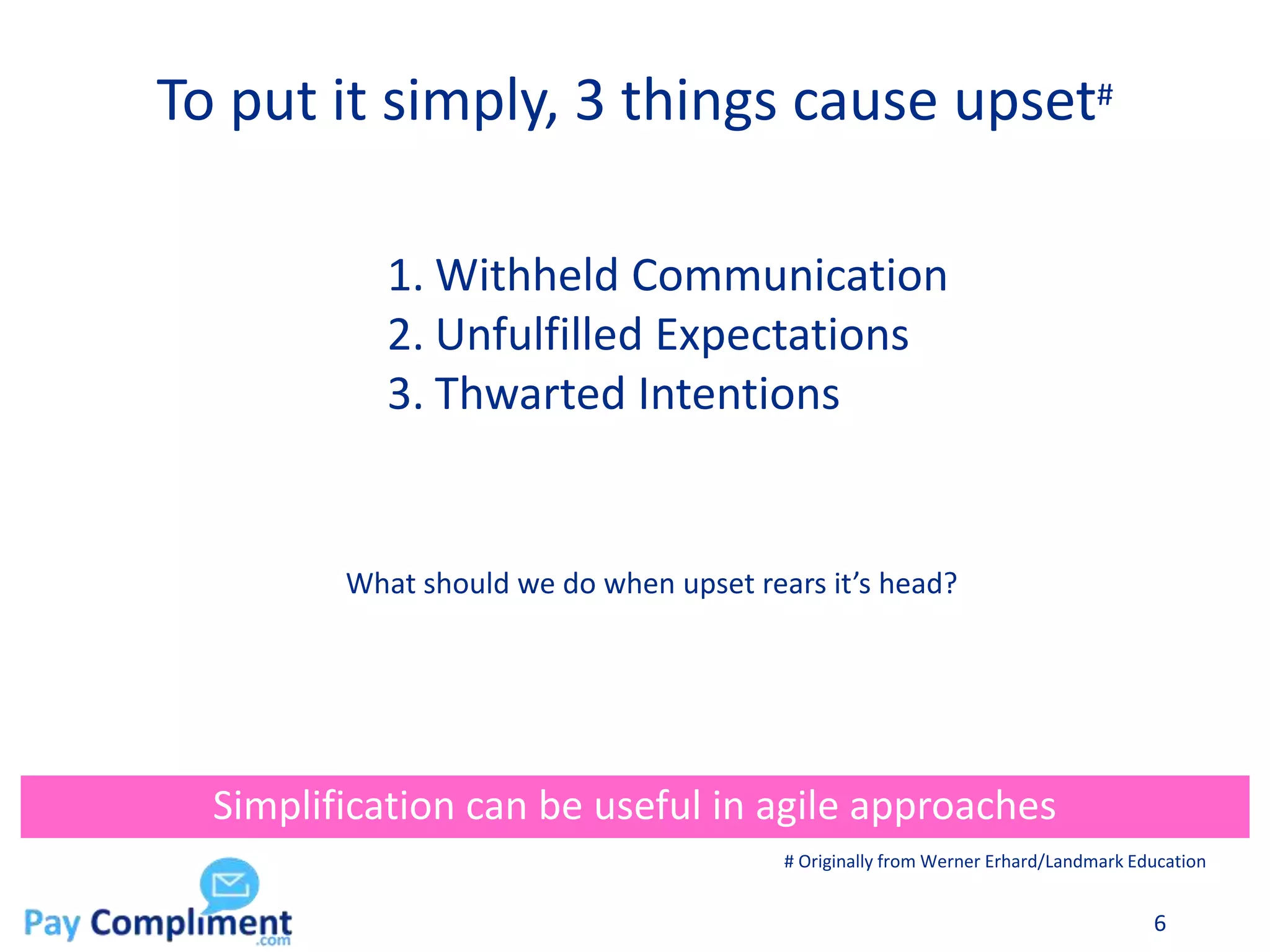 To put it simply, 3 things cause upset#
6
Simplification can be useful in agile approaches
1. Withheld Communication
2. Unfulfilled Expectations
3. Thwarted Intentions
What should we do when upset rears it’s head?
# Originally from Werner Erhard/Landmark Education
 