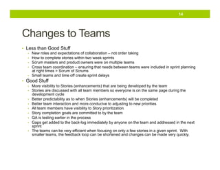 14

Changes to Teams
•  Less than Good Stuff
•  New roles and expectations of collaboration – not order taking
•  How to complete stories within two week sprints
•  Scrum masters and product owners were on multiple teams
•  Cross team coordination – ensuring that needs between teams were included in sprint planning
at right times = Scrum of Scrums
•  Small teams and time off create sprint delays
•  Good Stuff
•  More visibility to Stories (enhancements) that are being developed by the team
•  Stories are discussed with all team members so everyone is on the same page during the
development cycle
•  Better predictability as to when Stories (enhancements) will be completed
•  Better team interaction and more conducive to adjusting to new priorities
•  All team members have visibility to Story prioritization
•  Story completion goals are committed to by the team
•  QA is testing earlier in the process
•  Gaps get added to the back-log immediately by anyone on the team and addressed in the next
sprint
•  The teams can be very efficient when focusing on only a few stories in a given sprint. With
smaller teams, the feedback loop can be shortened and changes can be made very quickly.

 