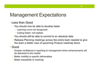 15

Management Expectations
•  Less than Good
•  You should now be able to develop faster
•  Learning curve not recognized
•  Coding faster- not realistic

•  You should still be able to commit to an absolute date
•  Release Planning meetings across the entire team needed to give

the team a better view of upcoming Product roadmap items.

•  Good
•  Greater confidence in reporting to management when enhancements will

be delivered to the market
•  Better visibility to specific deliverables
•  Better traceability to roadmap

 