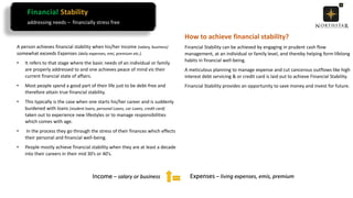 Financial Stability
addressing needs – financially stress free
A person achieves financial stability when his/her Income (salary, business)
somewhat exceeds Expenses (daily expenses, emi, premium etc.).
• It refers to that stage where the basic needs of an individual or family
are properly addressed to and one achieves peace of mind vis their
current financial state of affairs.
• Most people spend a good part of their life just to be debt-free and
therefore attain true financial stability.
• This typically is the case when one starts his/her career and is suddenly
burdened with loans (student loans, personal Loans, car Loans, credit card)
taken out to experience new lifestyles or to manage responsibilities
which comes with age.
• In the process they go through the stress of their finances which effects
their personal and financial well-being.
• People mostly achieve financial stability when they are at least a decade
into their careers in their mid 30’s or 40’s.
How to achieve financial stability?
Financial Stability can be achieved by engaging in prudent cash flow
management, at an individual or family level, and thereby helping form lifelong
habits in financial well-being.
A meticulous planning to manage expense and cut cancerous outflows like high
interest debt servicing & or credit card is laid out to achieve Financial Stability.
Financial Stability provides an opportunity to save money and invest for future.
Income – salary or business Expenses – living expenses, emis, premium
 