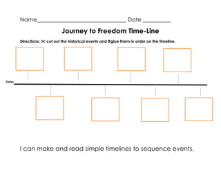 Name________________________________ Date __________

Journey to Freedom Time-Line
Directions:  cut out the historical events and glue them in order on the timeline.

Dates

I can make and read simple timelines to sequence events.

 