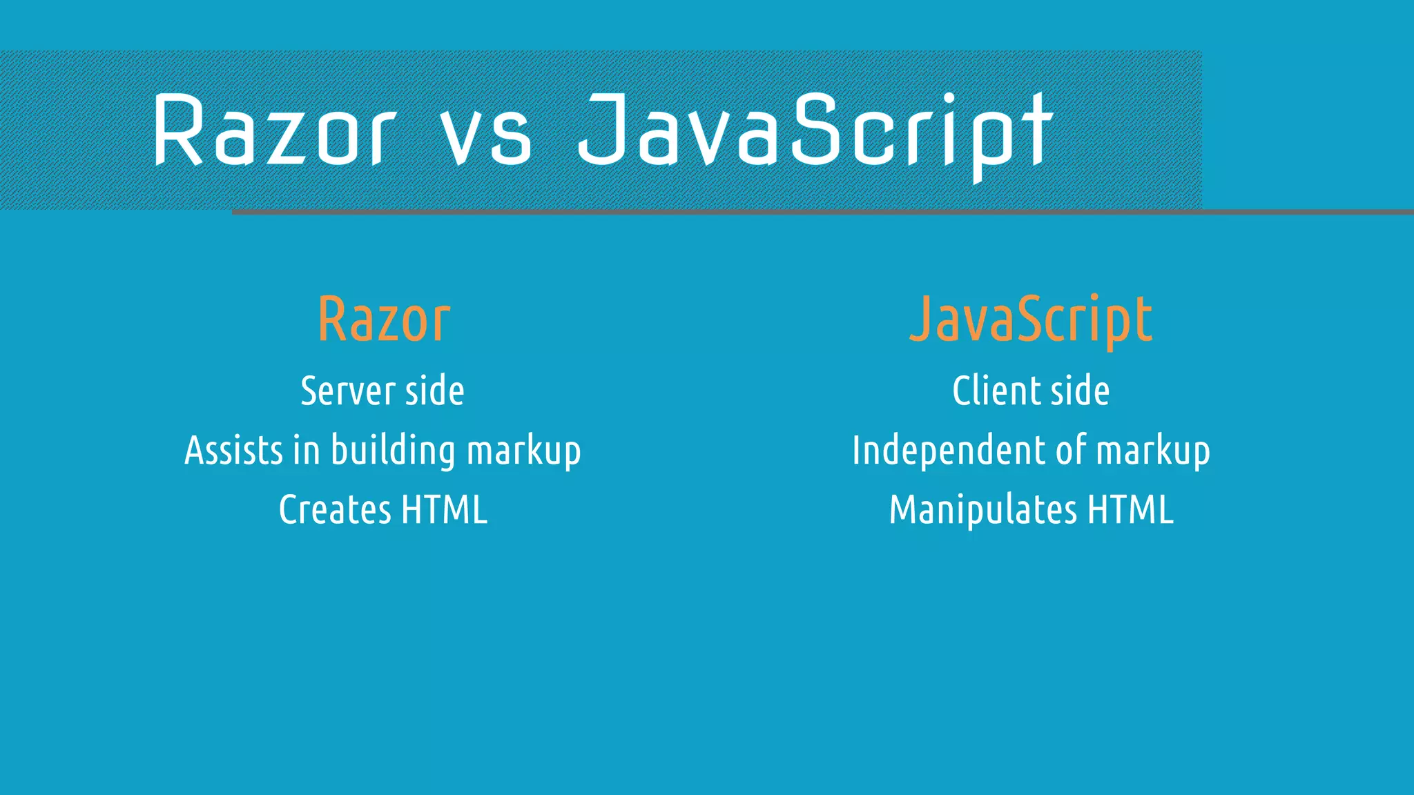 Razor Server side Assists in building markup Creates HTML JavaScript Client side Independent of markup Manipulates HTML 