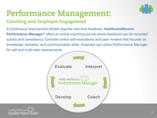 Performance Management:
Coaching and Employee Engagement
A Continuous Improvement Model requires real-time feedback. HealthcareSource
Performance Manager® offers an online coaching journal where feedback can be recorded
quickly and consistency. Consider online self-evaluations and peer reviews that focuses on
knowledge, behavior, and communication skills. Hospitals can utilize Performance Manager
for self and multi-rater assessments.

Evaluate

Interpret

Develop

Coach

7

 