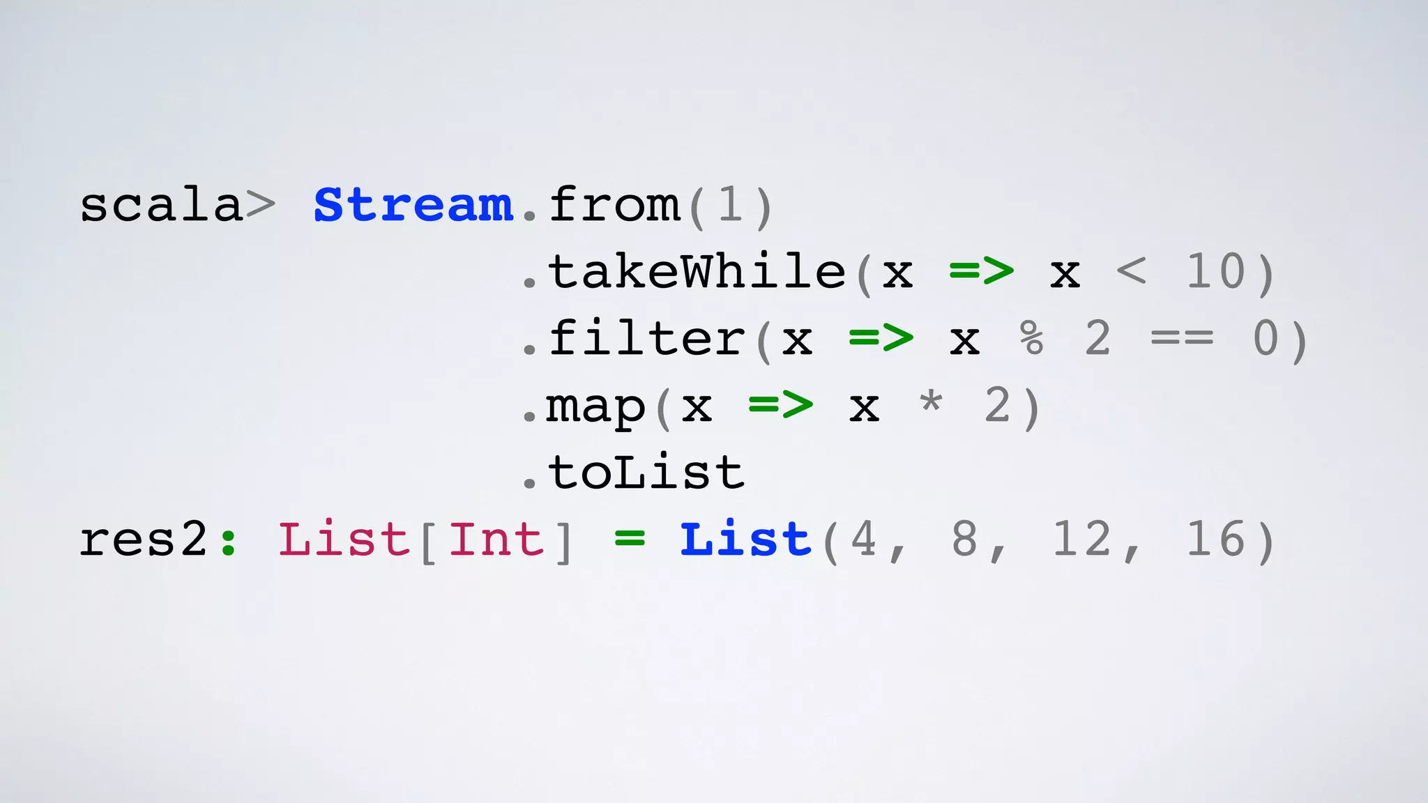scala> Stream.from(1)
.takeWhile(x => x < 10)
.filter(x => x % 2 == 0)
.map(x => x * 2)
.toList
res2: List[Int] = List(4, 8, 12, 16)
 