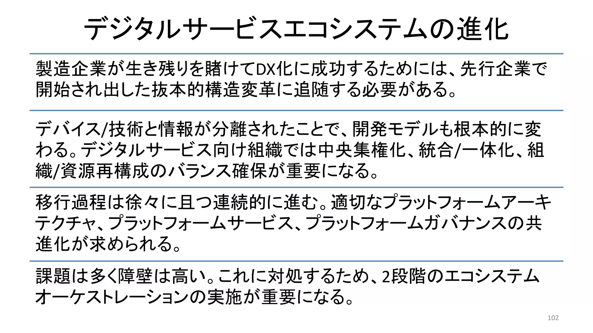 デジタルサービスエコシステムの進化
102
製造企業が生き残りを賭けてDX化に成功するためには、先行企業で
開始され出した抜本的構造変革に追随する必要がある。
デバイス/技術と情報が分離されたことで、開発モデルも根本的に変
わる。デジタルサービス向け組織では中央集権化、統合/一体化、組
織/資源再構成のバランス確保が重要になる。
移行過程は徐々に且つ連続的に進む。適切なプラットフォームアーキ
テクチャ、プラットフォームサービス、プラットフォームガバナンスの共
進化が求められる。
課題は多く障壁は高い。これに対処するため、2段階のエコシステム
オーケストレーションの実施が重要になる。
 