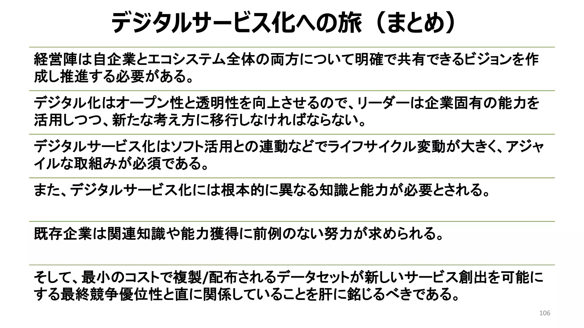 106
経営陣は自企業とエコシステム全体の両方について明確で共有できるビジョンを作
成し推進する必要がある。
デジタル化はオープン性と透明性を向上させるので、リーダーは企業固有の能力を
活用しつつ、新たな考え方に移行しなければならない。
デジタルサービス化はソフト活用との連動などでライフサイクル変動が大きく、アジャ
イルな取組みが必須である。
また、デジタルサービス化には根本的に異なる知識と能力が必要とされる。
既存企業は関連知識や能力獲得に前例のない努力が求められる。
そして、最小のコストで複製/配布されるデータセットが新しいサービス創出を可能に
する最終競争優位性と直に関係していることを肝に銘じるべきである。
デジタルサービス化への旅（まとめ）
 