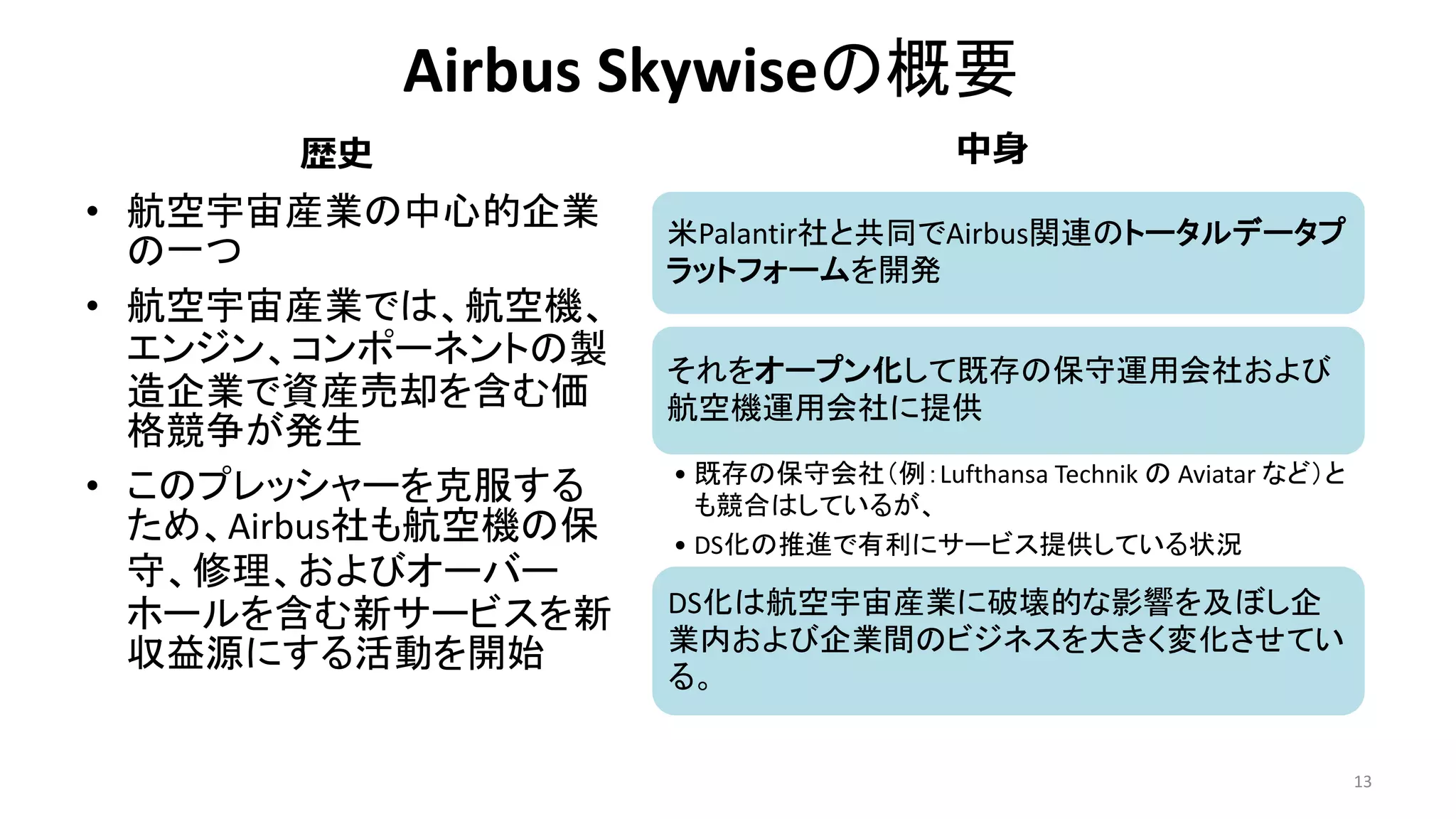 Airbus Skywiseの概要
• 航空宇宙産業の中心的企業
の一つ
• 航空宇宙産業では、航空機、
エンジン、コンポーネントの製
造企業で資産売却を含む価
格競争が発生
• このプレッシャーを克服する
ため、Airbus社も航空機の保
守、修理、およびオーバー
ホールを含む新サービスを新
収益源にする活動を開始
13
米Palantir社と共同でAirbus関連のトータルデータプ
ラットフォームを開発
それをオープン化して既存の保守運用会社および
航空機運用会社に提供
• 既存の保守会社（例：Lufthansa Technik の Aviatar など）と
も競合はしているが、
• DS化の推進で有利にサービス提供している状況
DS化は航空宇宙産業に破壊的な影響を及ぼし企
業内および企業間のビジネスを大きく変化させてい
る。
歴史 中身
 