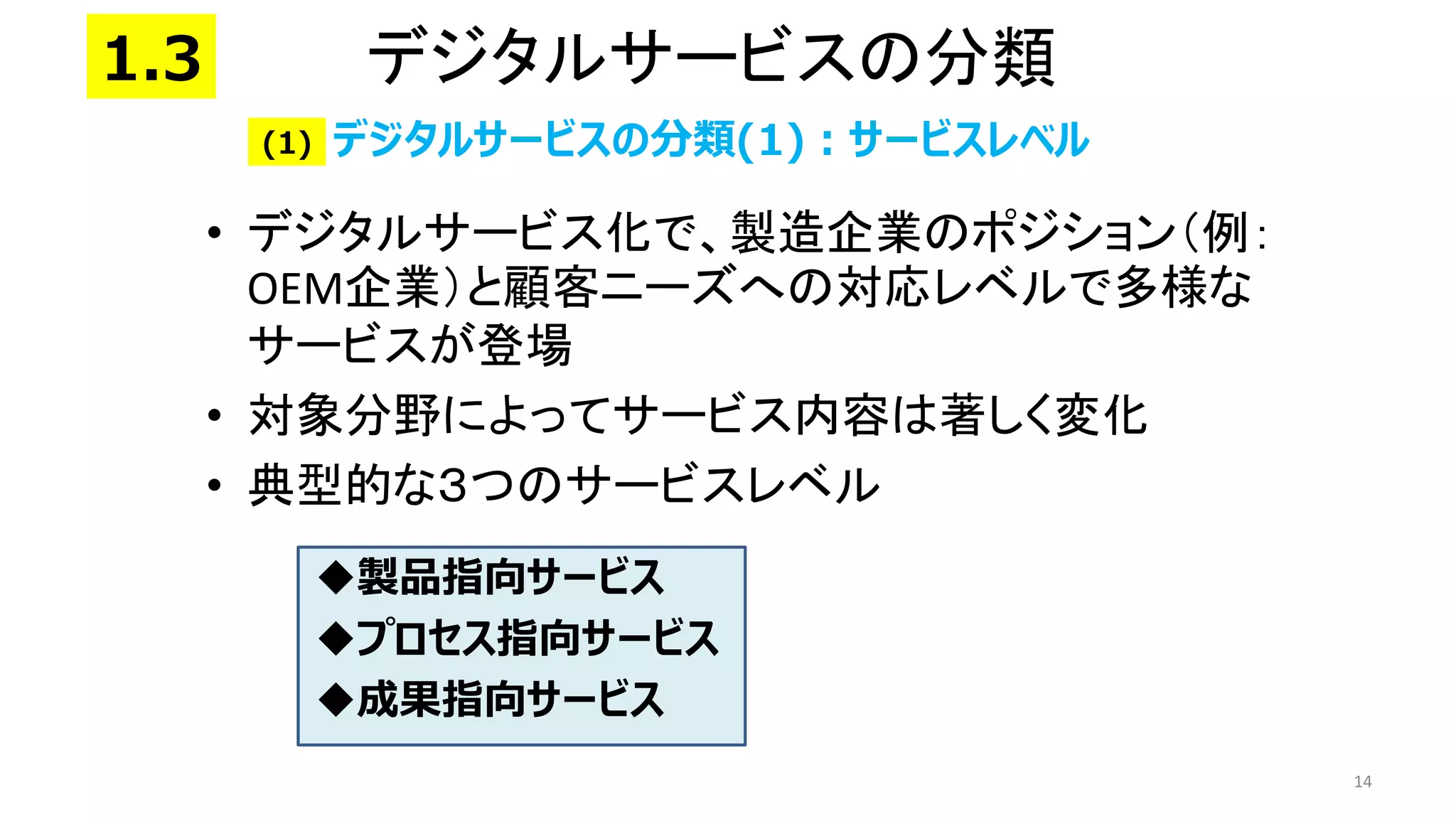 デジタルサービスの分類
• デジタルサービス化で、製造企業のポジション（例：
OEM企業）と顧客ニーズへの対応レベルで多様な
サービスが登場
• 対象分野によってサービス内容は著しく変化
• 典型的な３つのサービスレベル
◆製品指向サービス
◆プロセス指向サービス
◆成果指向サービス
14
1.3
デジタルサービスの分類(1)：サービスレベル
(1)
 